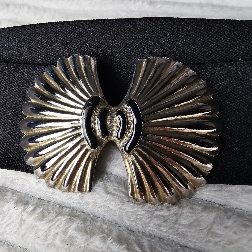 VTG Art Deco Buckle Elastic Cinch Belt L Black Gold 80s Retro Art Deco Shell
